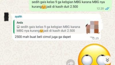 WA: “Sedih Gais, Kelas 9 Gak Kebagian MBG karena MBG-nya Kurang, Jadi Dikasih Duit 2.500”